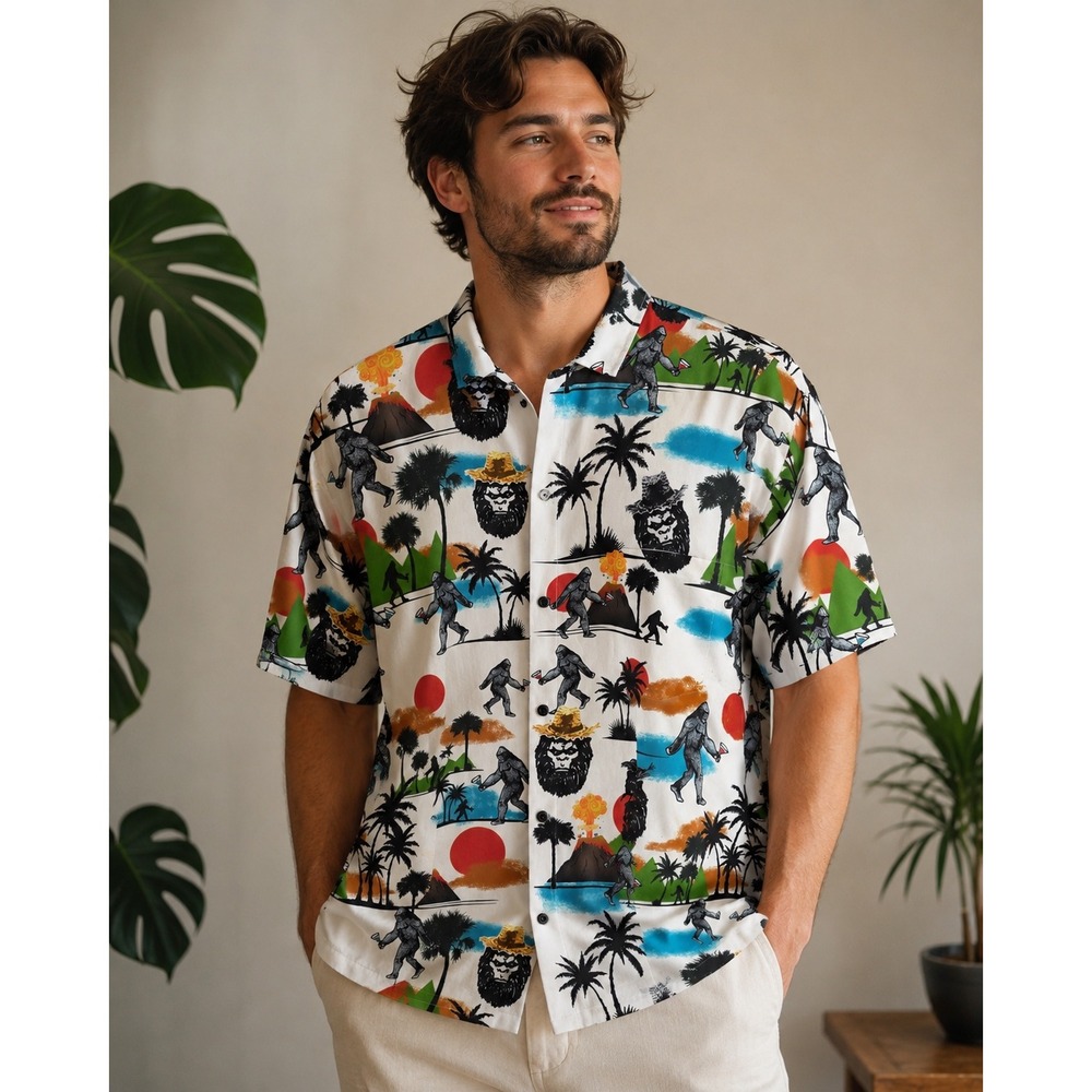 Funny Guy Mugs Bigfoot Sasquatch Hawaiian Shirt Mens XL White‎ Tropical Novelty